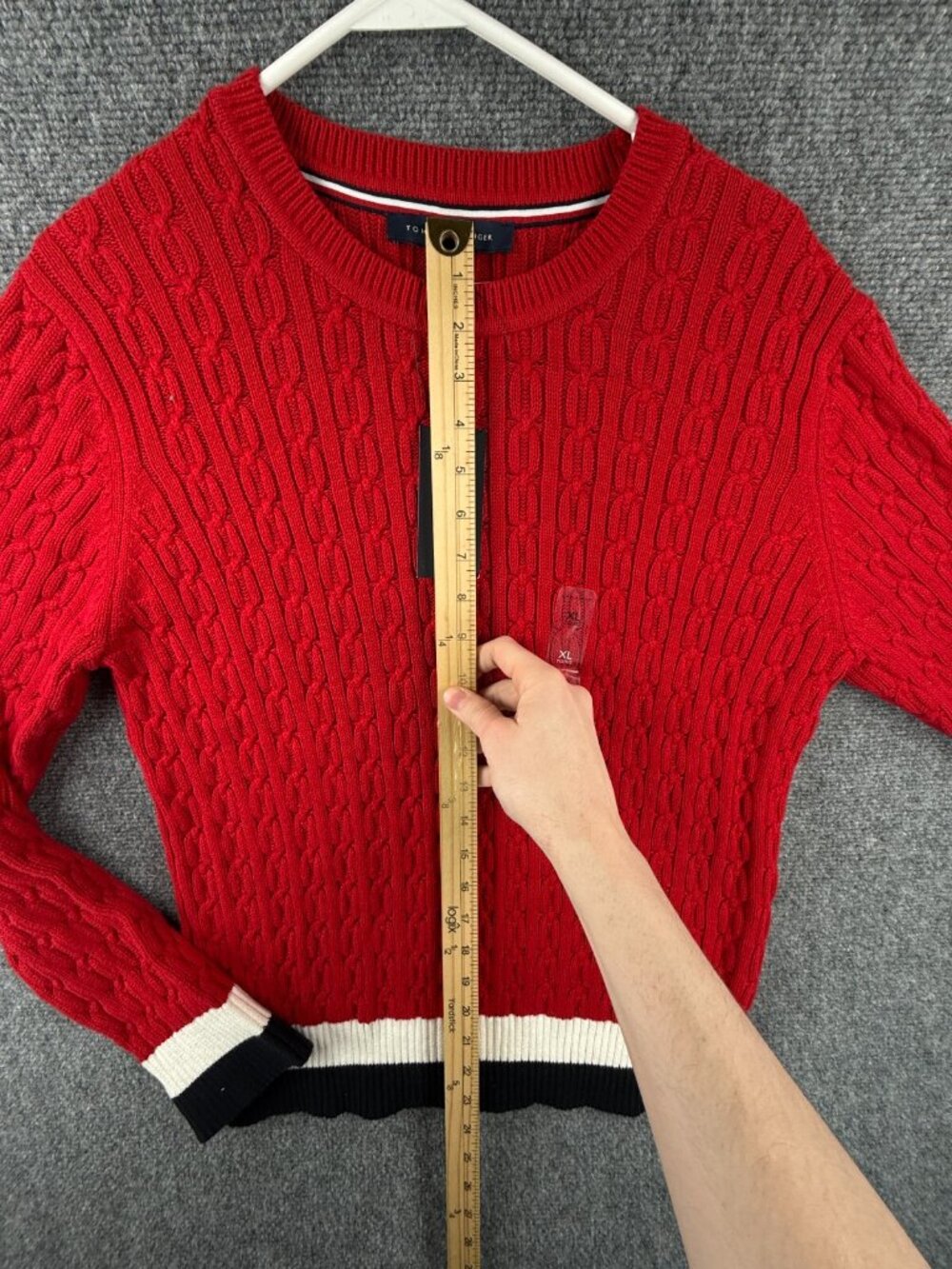 NWT Tommy Hilfiger Red Cable Knit Pullover Sweater $80 Women XL Preppy Blue Trim - Picture 4 of 13